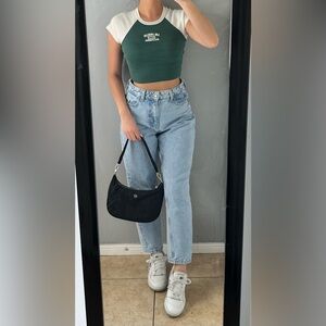 1989 LA Graphic ringer Baby Tee Crop Top Green White S collegiate sporty casual